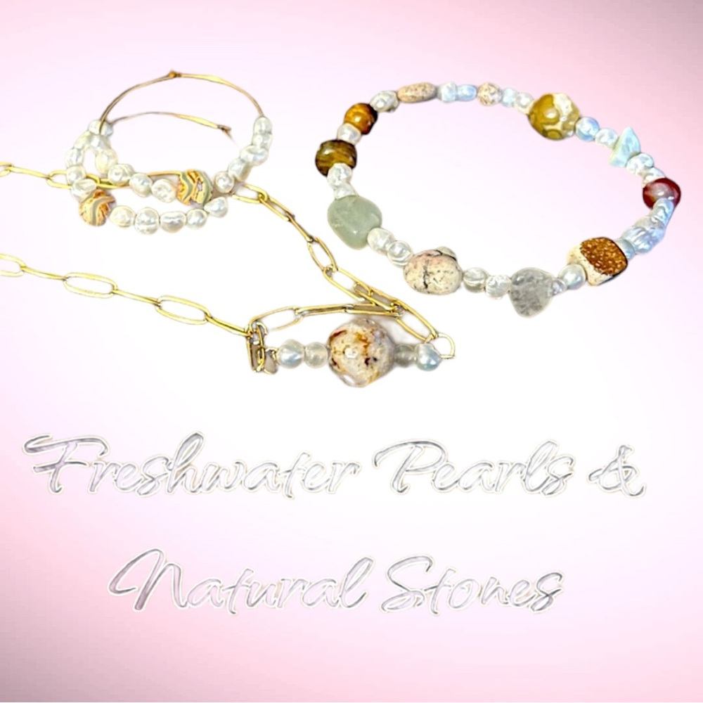 ❌SOLD❌Handcrafted Freshwater pearl/natural stone earrings, bracelet, necklace